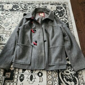 Gray Wool Coat with Red Buttons